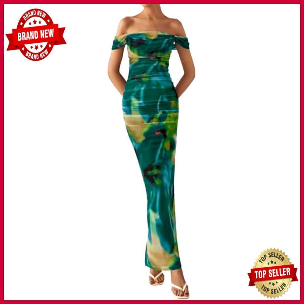 Floral Off Shoulder Ruched Mesh Maxi Dress Elegant Wedding Guest Cocktail - Picture 3 of 7